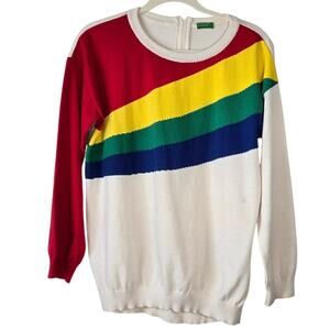 Rare Vintage Benetton Colorblock Rainbow Asymmetric Sweater Rear Zipper Size M